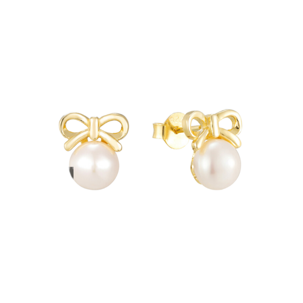 Mini White Pearl with a Bow Sterling Silver Stud Earrings