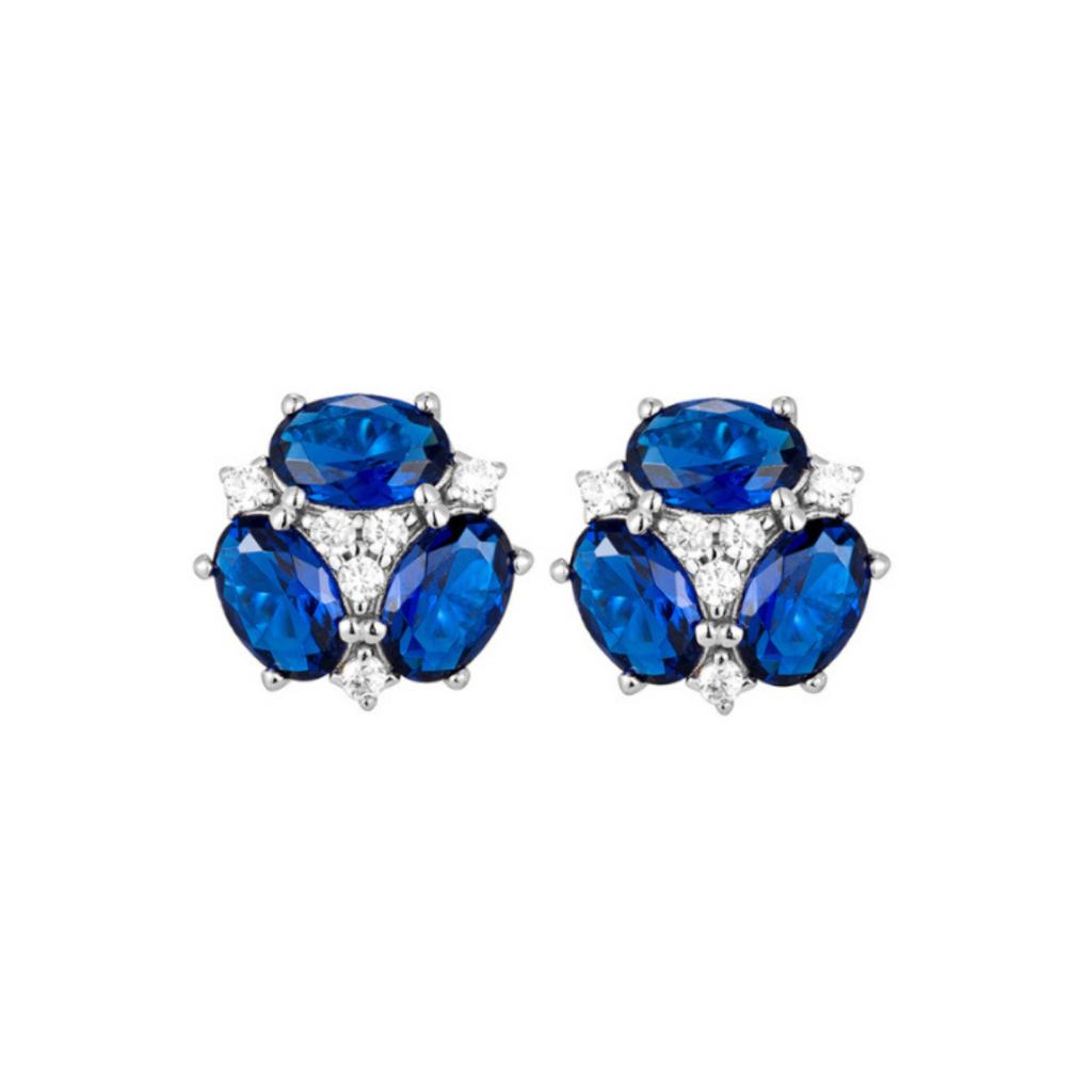 Elegant three stone Sapphire Emerald Silver Stud Earrings