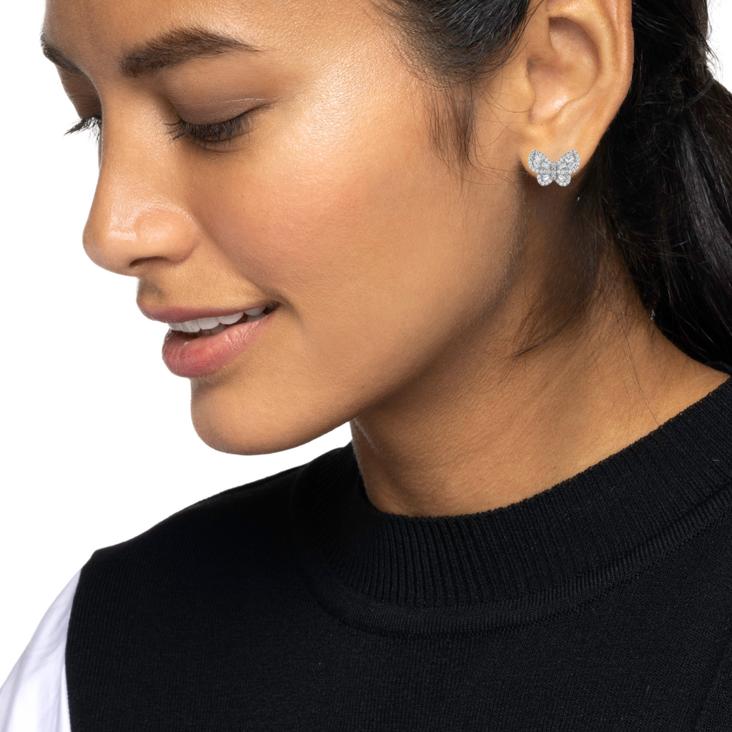 Model wearing Butterflies stud earring in Sterling Silver 