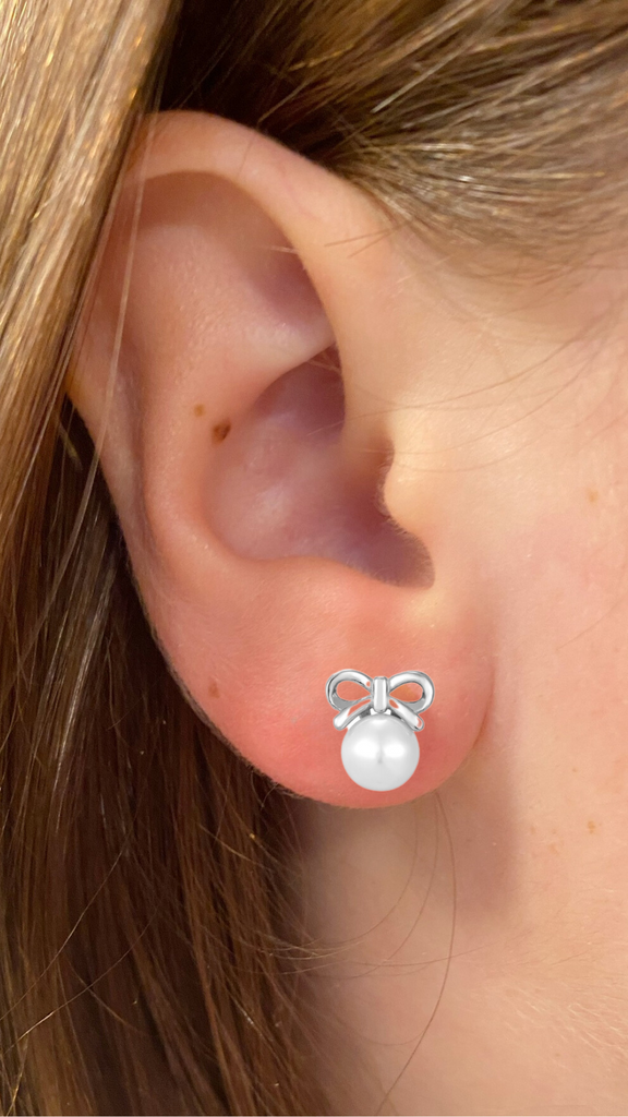 Mini White Pearl with a Bow Sterling Silver Stud Earrings